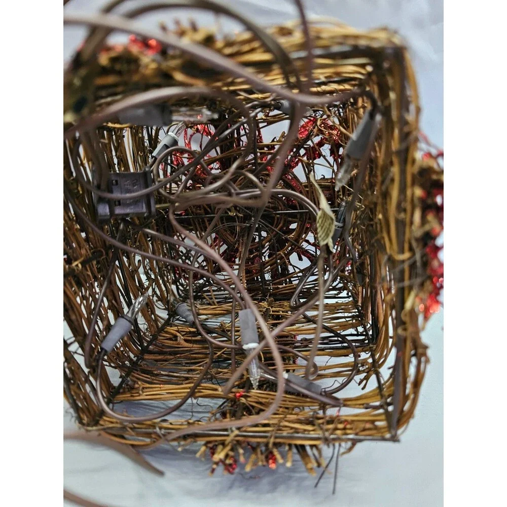 Grapevine Christmas Gift Box Decor Red Glitter Bow Farmhouse 6.5